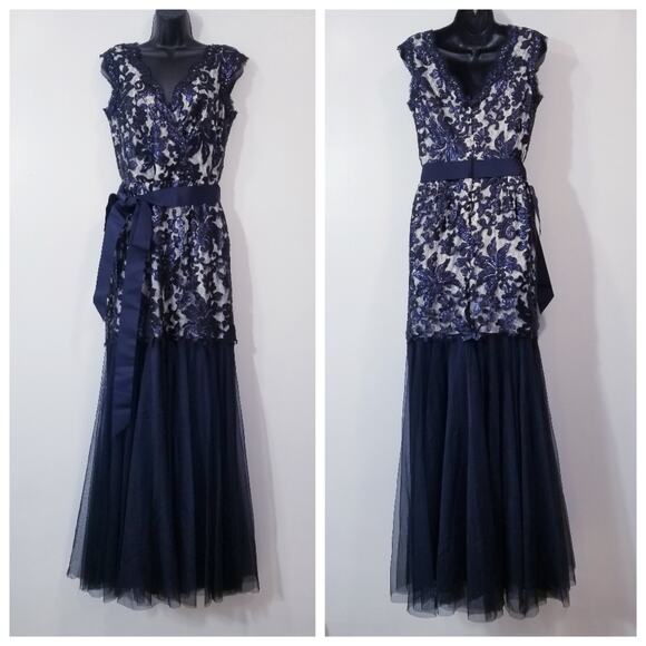 Tadashi Shoji Lace Tulle Sequins Mermaid Gown Long Dress with Belt - Picture 1 of 12